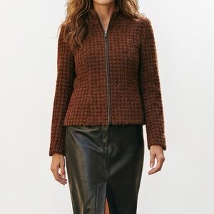 American Vintage Burnt Orange Boucle Textured Jacket Wool Blend Leather Trim Sz6